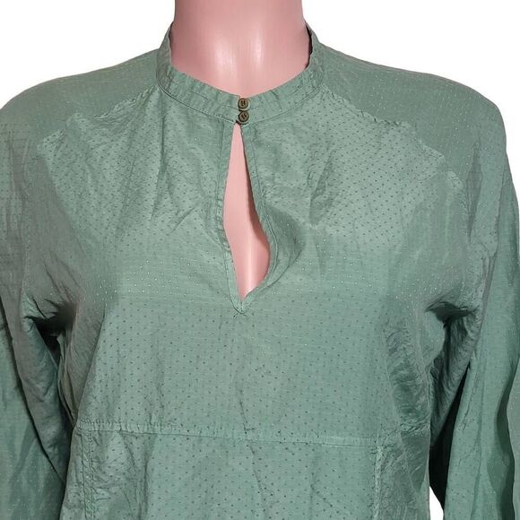 Women peasant mandarin collar spearmint silk boho top casual loose blouse M - Picture 5 of 7